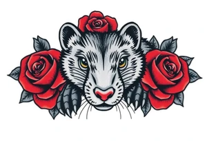 A mole animal with bold black outlines, and red roses surrounding it for a classic old-school aesthetic tattoo idea