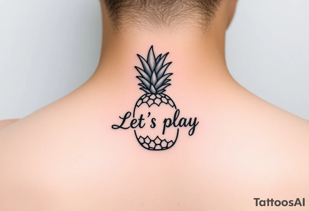A black ink wrist tattoo featuring a realistic yet minimalistic pineapple. The pineapple is finely detailed with clean, precise lines, capturing the natural texture of the fruit while keeping the design subtle and uncluttered. Inside the body of the pineapple, the phrase "Let's play" is clearly placed in a bold but not overly thick font, ensuring readability while maintaining balance with the overall design. The leaves of the pineapple have a fine-line style with slight variations in thickness for a natural feel. The tattoo blends fine details with subtle bold elements, creating a clean and modern aesthetic. tattoo idea