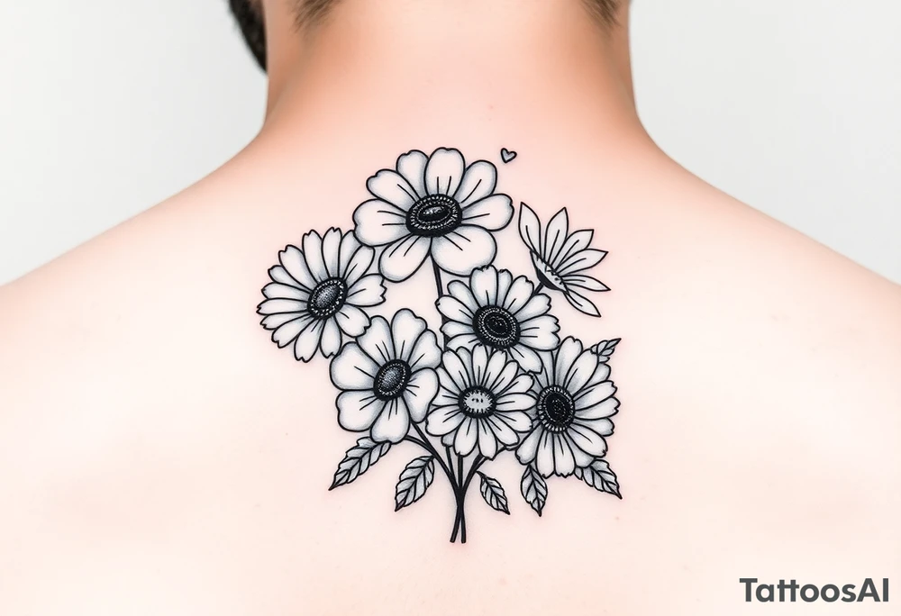 Simple small minimalist cartoon 
line tattoo of flower bouquet in order of these flowers, daisy, cosmo, poppy, chrysanthemum, cosmo tattoo idea