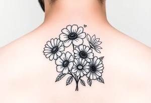 Simple small minimalist cartoon 
line tattoo of flower bouquet in order of these flowers, daisy, cosmo, poppy, chrysanthemum, cosmo tattoo idea