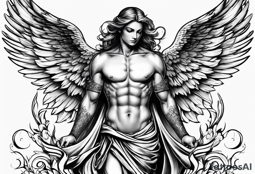 standing angel with low wings tattoo idea