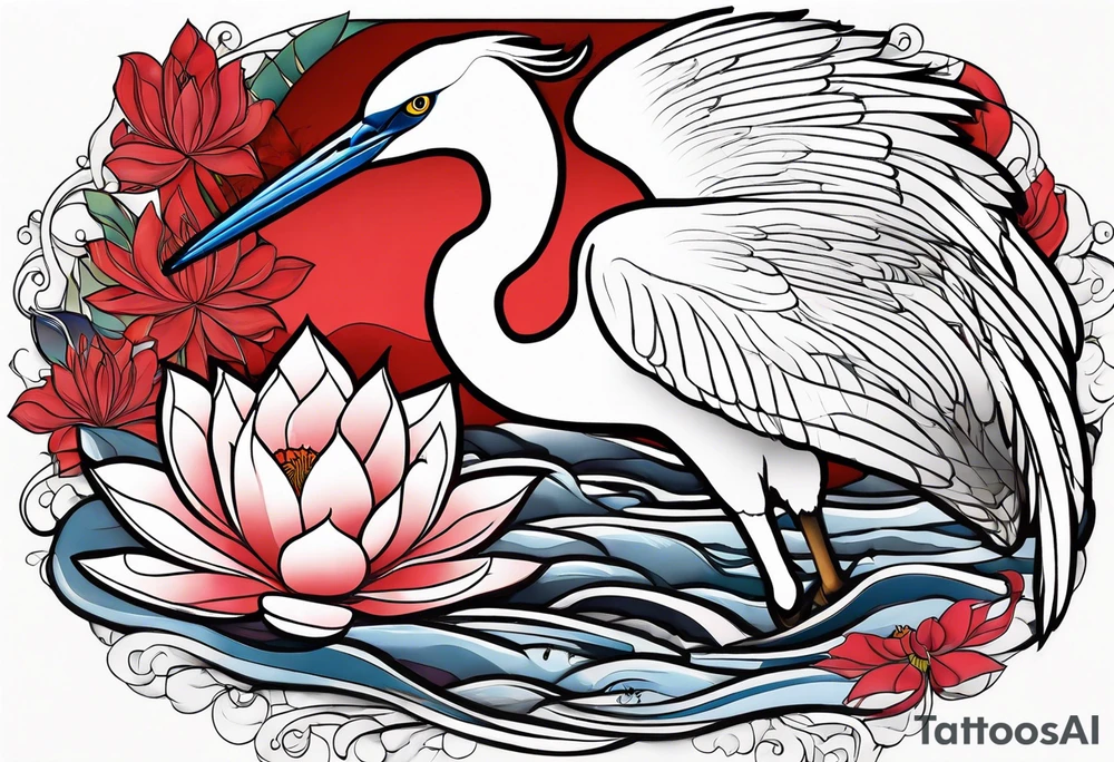 Egret and red lotuses tattoo idea
