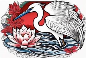 Egret and red lotuses tattoo idea