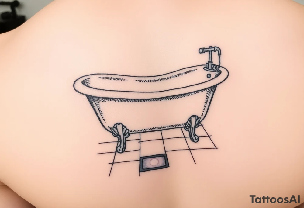 clawfoot bathtub on a tile floor and light coming up out of a small crack on the floor tattoo idea