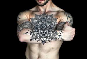 bold line ornamentaali mandala vegvisir tattoo idea