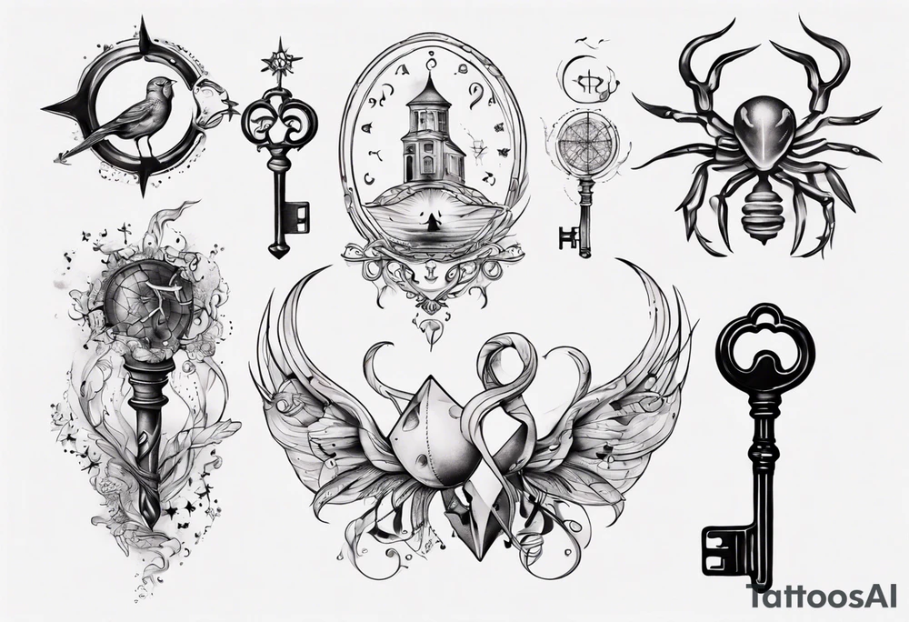 Matching tattoos with key and home in cancer horoscope tattoo idea
