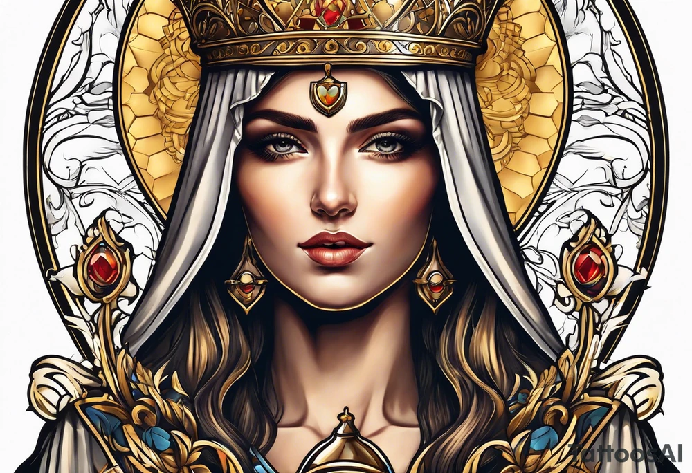woman saint holding chalice surrounded by golden halo portrait tattoo idea