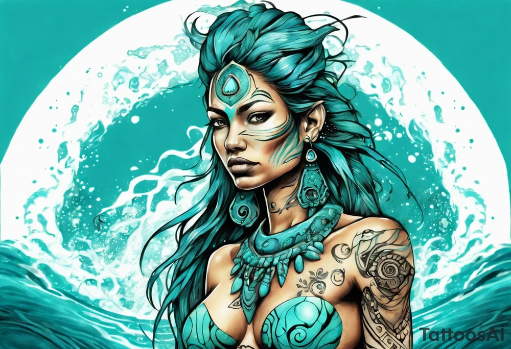 a turquoise Na'vi woman standing in the sea with water for legs surrounded by crashing waves tattoo idea