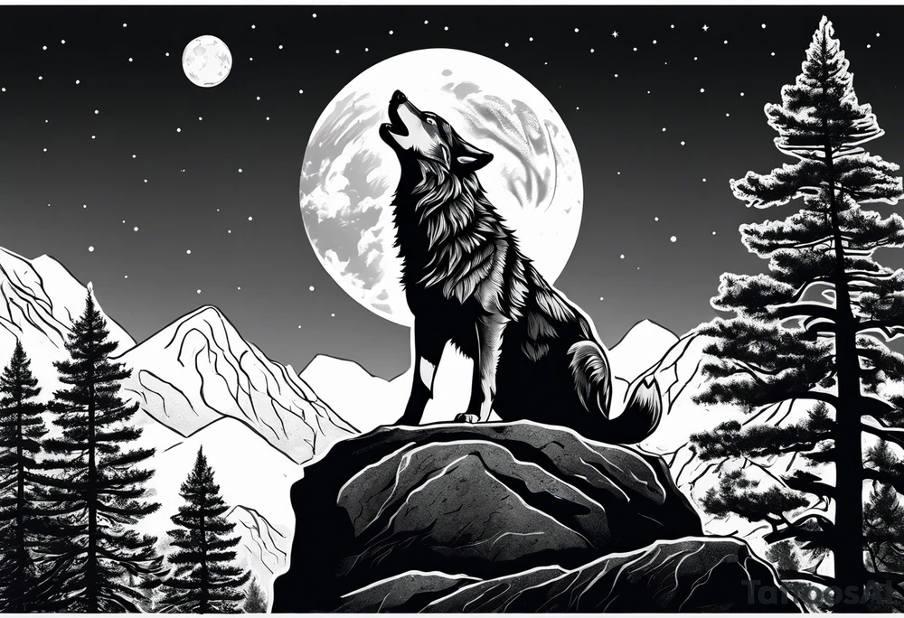 Wolf on top of a rock howling at the full moon, surrounded by trees tattoo idea