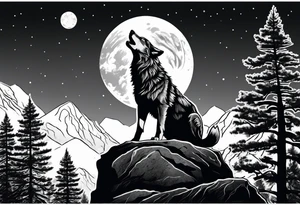 Wolf on top of a rock howling at the full moon, surrounded by trees tattoo idea