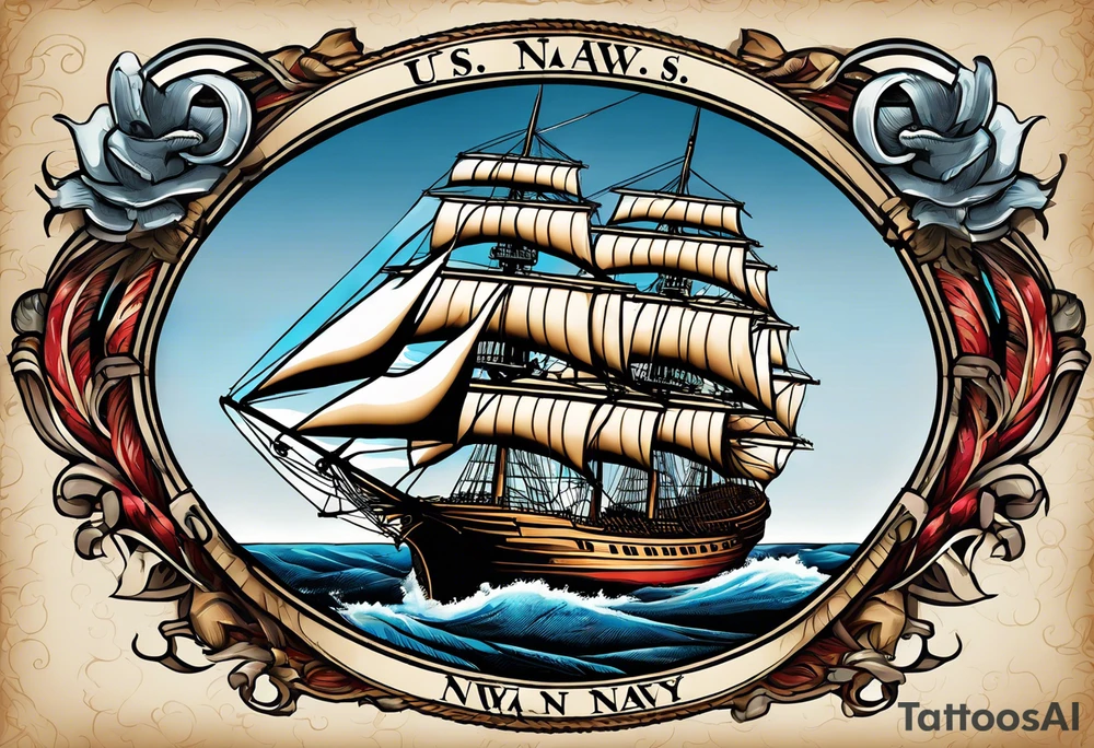 sailing ship in rough seas, front porfile, in oval with rope border, super imposed over crossed cannons, banner at bottom that says US Navy tattoo idea