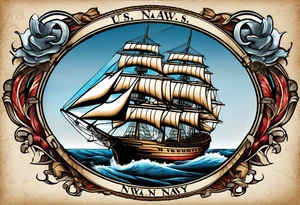 sailing ship in rough seas, front porfile, in oval with rope border, super imposed over crossed cannons, banner at bottom that says US Navy tattoo idea