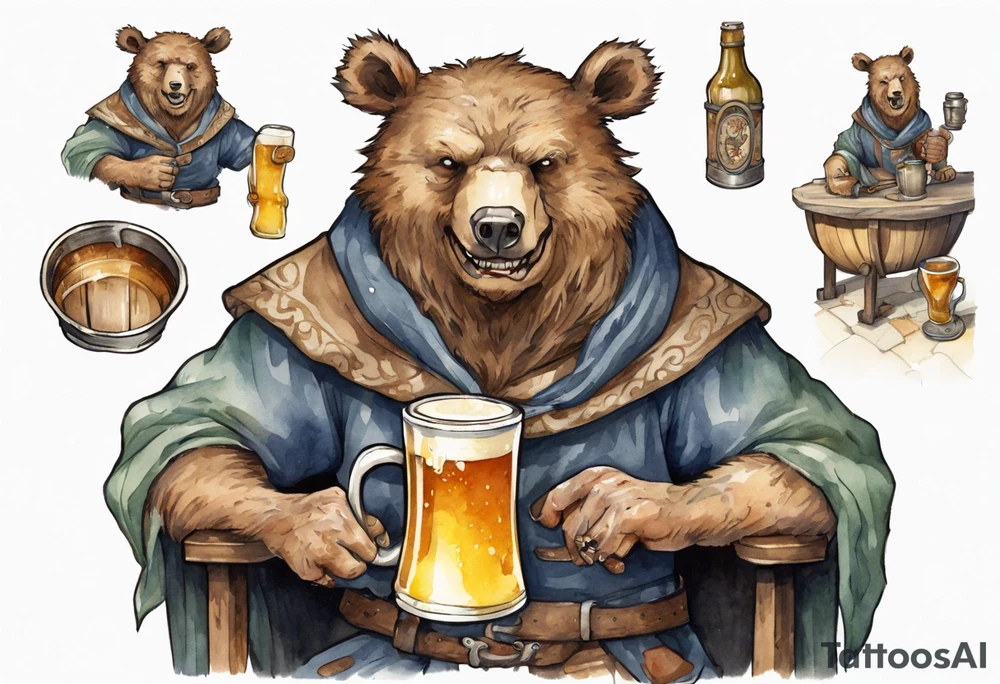 a medieval bear-human hybrid wearing a tunic and cowl and drinking from a pewter mug of beer in a tavern, laughing tattoo idea