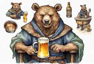 a medieval bear-human hybrid wearing a tunic and cowl and drinking from a pewter mug of beer in a tavern, laughing tattoo idea