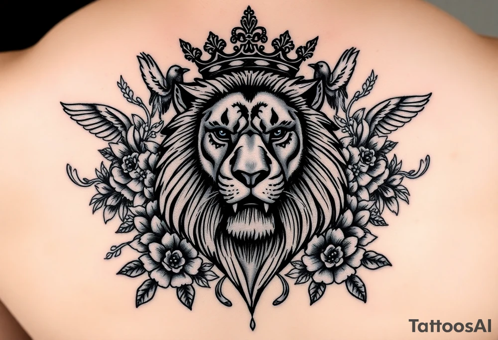 powerful majestic lion with a crown, surrounded by floral ornaments and birds tattoo idea
