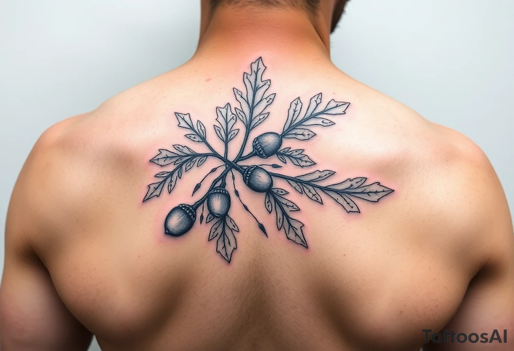 oak branch with thick leaves and acorns tattoo idea