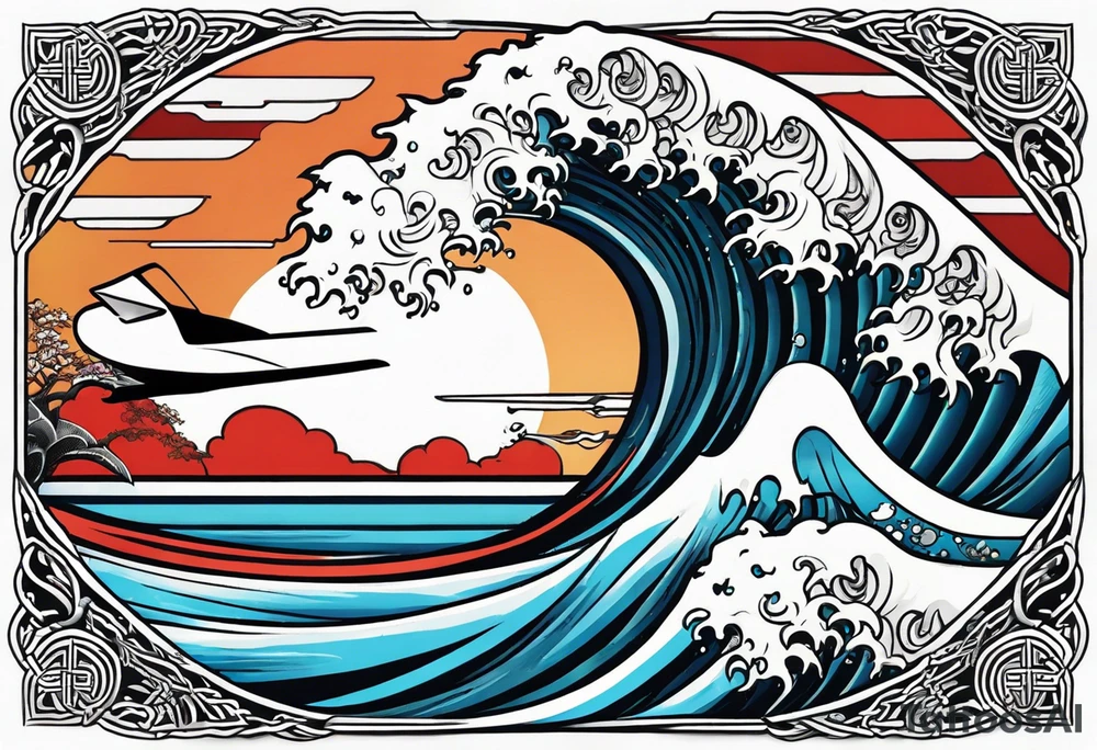 japanese wave mixed in celtic patterns equally. surfer. kamikaze plane tattoo idea