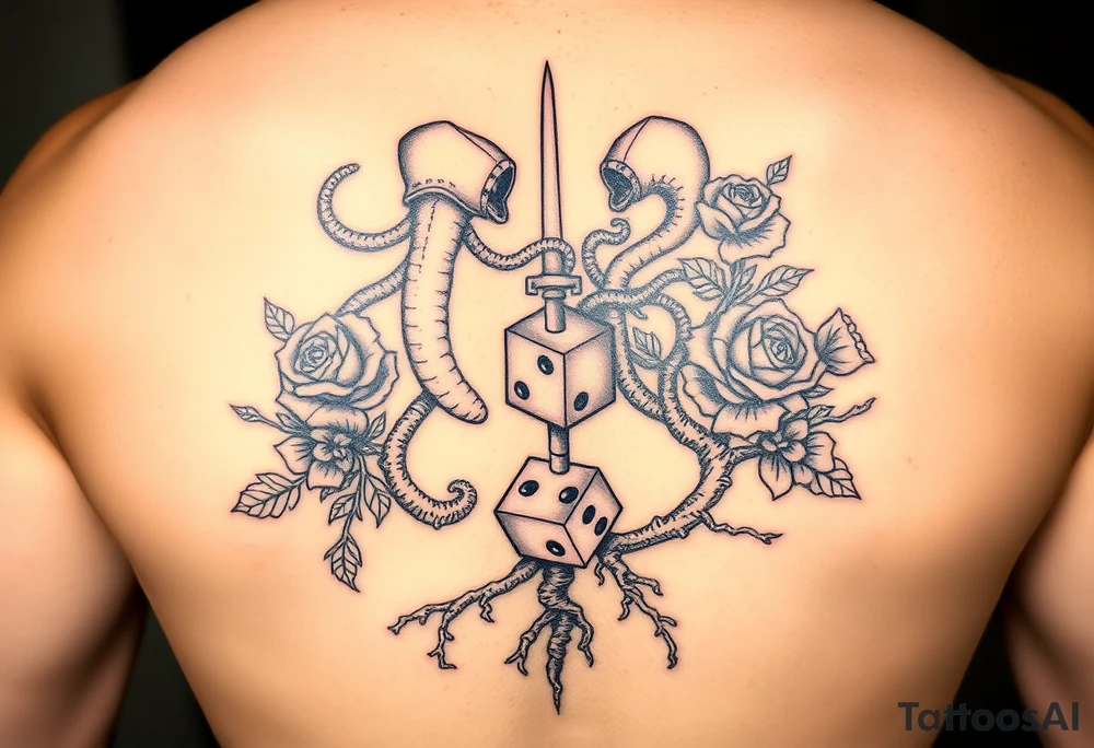 squid, knight intertwined with roses and tree roots rolling dice tattoo idea