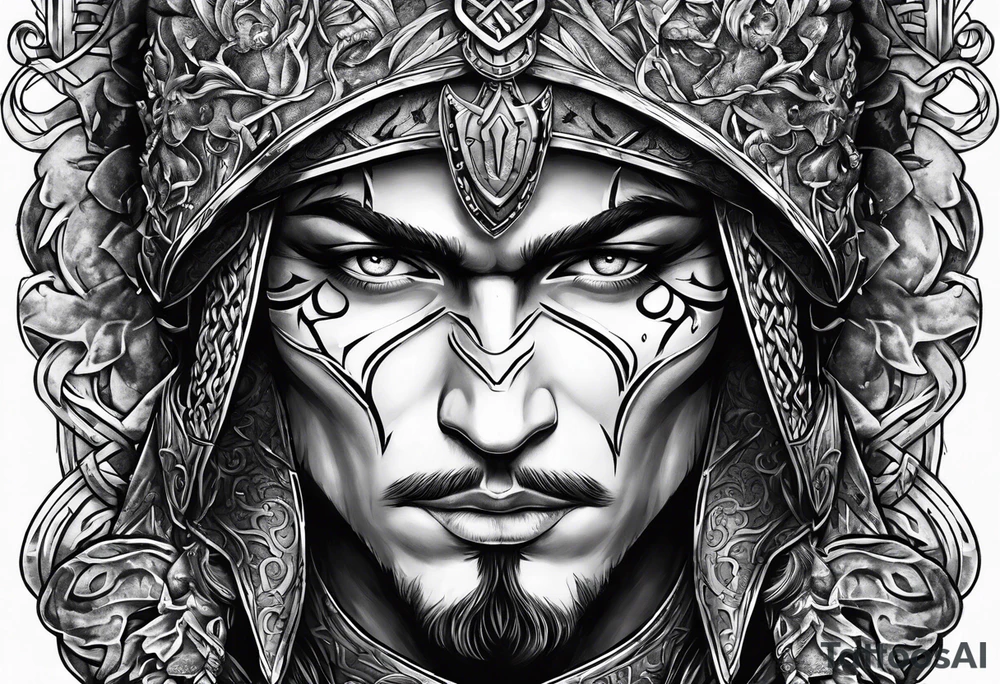 Medieval warrior shown in full with chain of heads of his victims tattoo idea