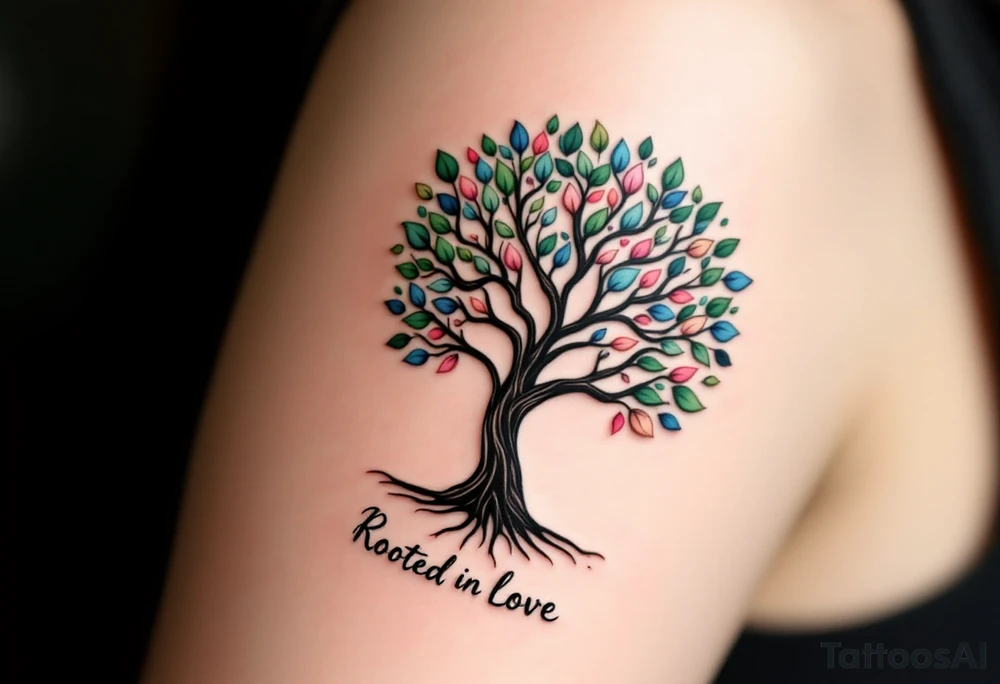 A black ink tree with leaves in shades of green, pink, and blue, with “Rooted in Love” at the base. tattoo idea