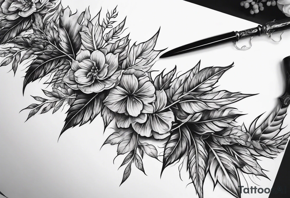 A long skinny blade down my spine with leafy vines wrapped around the blade tattoo idea