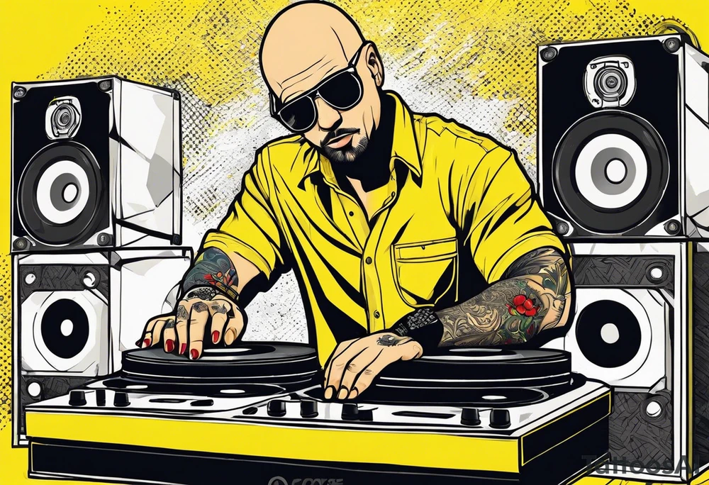 a bald german dj with handcuffs on in a bright yellow shirt with red shoe boxes around him tattoo idea