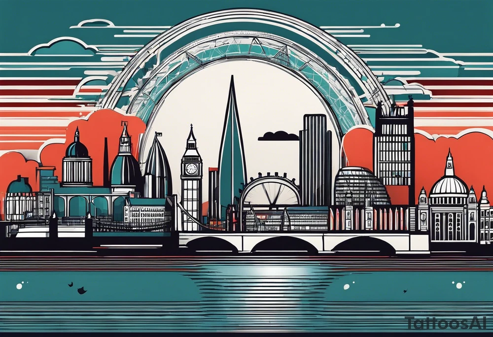 A minimalistic, abstract design capturing the architectural essence and vibe of London. Key elements of London’s skyline and structure are hinted at with clean lines, and subtle detailing includes personal touches, like a nod to Feid’s signature look (hat, glasses, mustache), integrated discreetly to honor a memorable concert experience. tattoo idea