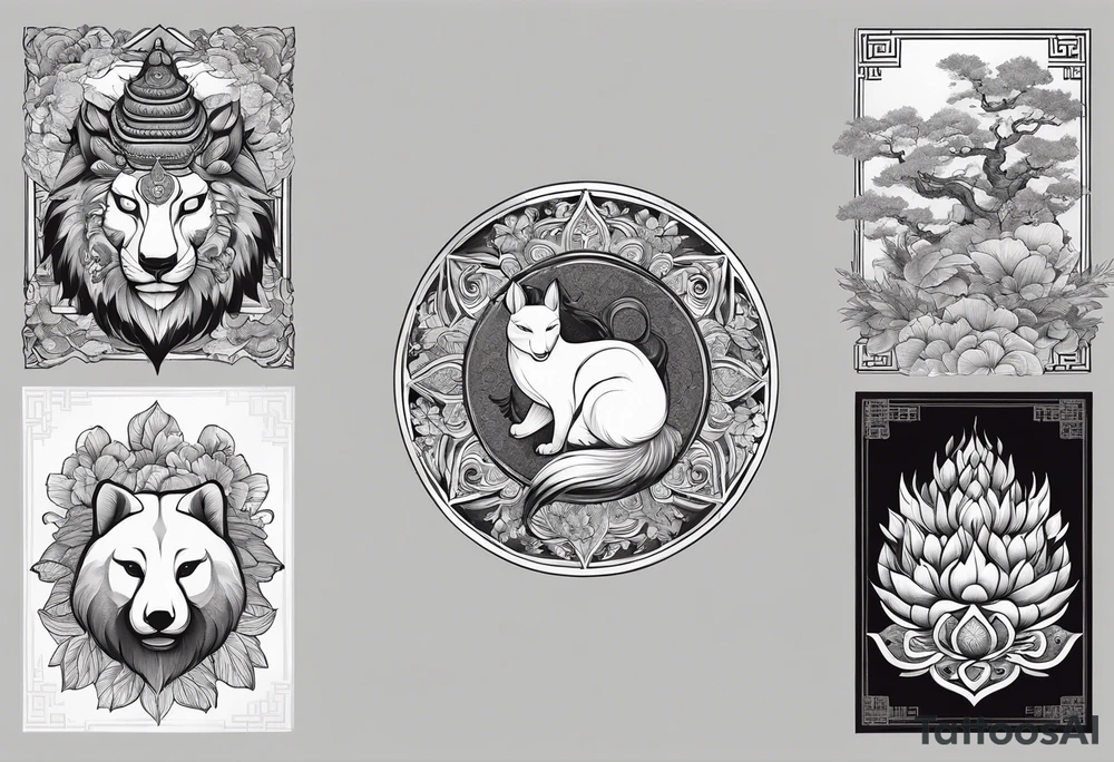 a set of sketches of animals on a Buddhist theme, without people tattoo idea