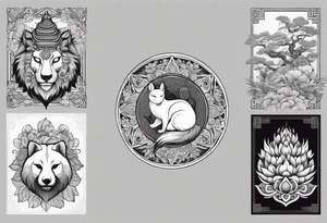 a set of sketches of animals on a Buddhist theme, without people tattoo idea