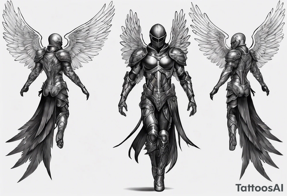 Side view of an black angel wearing inorganic armor that is in mid-air ready to attack tattoo idea