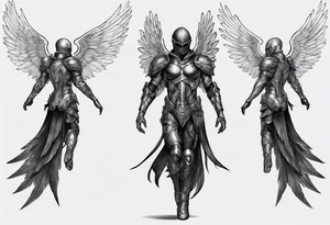 Side view of an black angel wearing inorganic armor that is in mid-air ready to attack tattoo idea