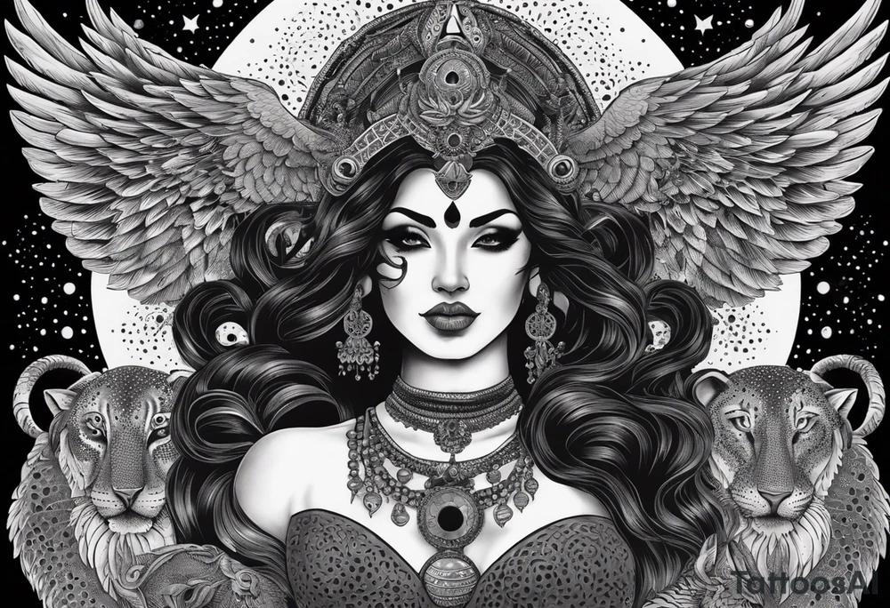 black kali, goddess pirate, alien, angel, pachamama, valkrye, warrior, flying, skull, lotus azul, wing, eagle, zenza resonance, stars, 5D, anahata chakra, death, durga, riding on a tiger, flying lady, kundalini, chest tatoo, samuri, rebel, serpent tattoo idea