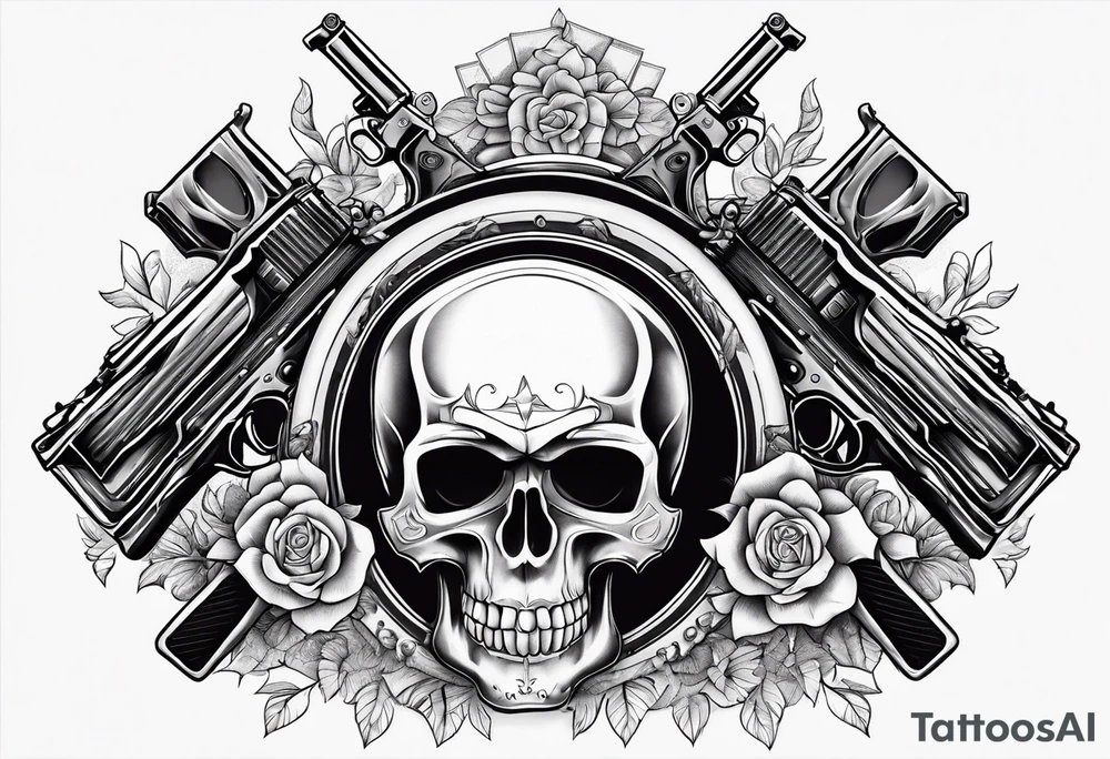 skulls with motorcyles along with guns and money tattoo idea