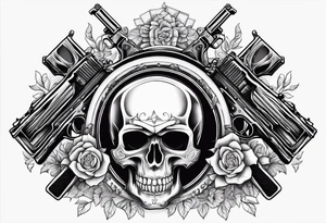 skulls with motorcyles along with guns and money tattoo idea