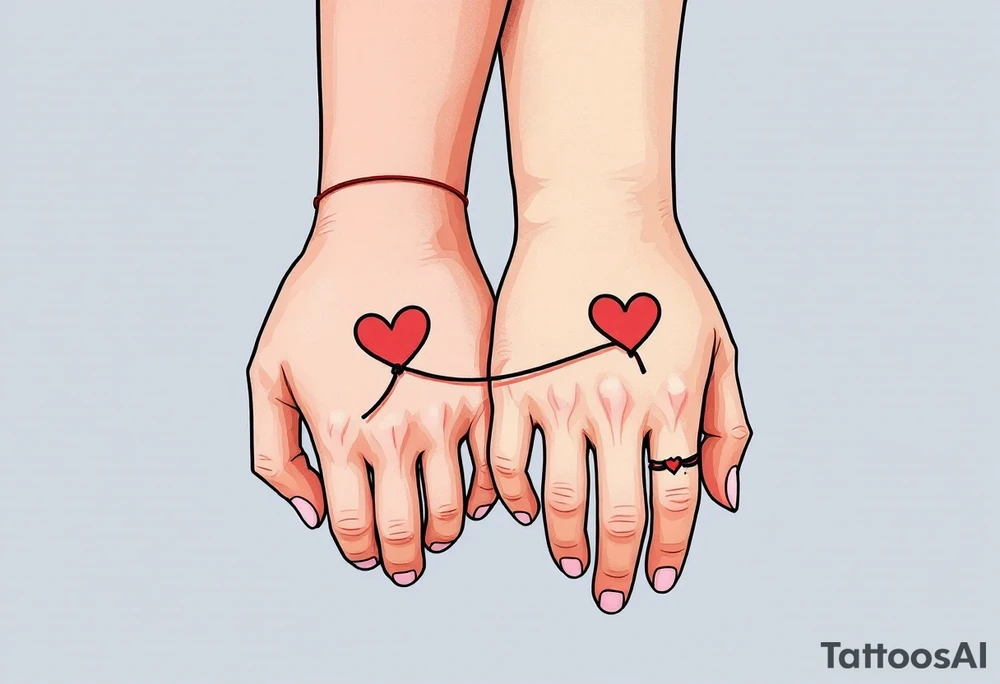 One wears a heart with red string of fate, the other the string continuing into their hand, connecting both wrists. tattoo idea