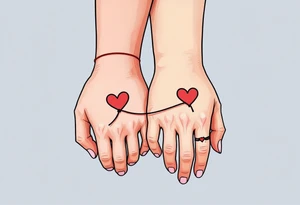 One wears a heart with red string of fate, the other the string continuing into their hand, connecting both wrists. tattoo idea
