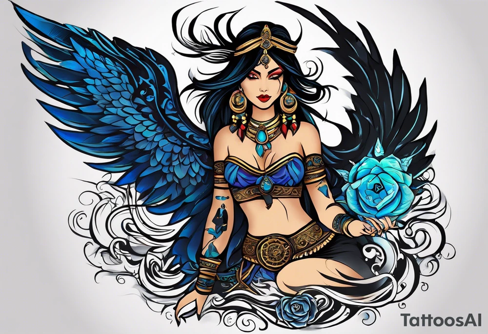 black kali, goddess pirate, alien, angel, pachamama, valkrye, warrior, flying, skull, lotus azul, wing, eagle, zenza resonance, stars, 5D, anahata chakra, death, durga, riding on a tiger, flying lady tattoo idea