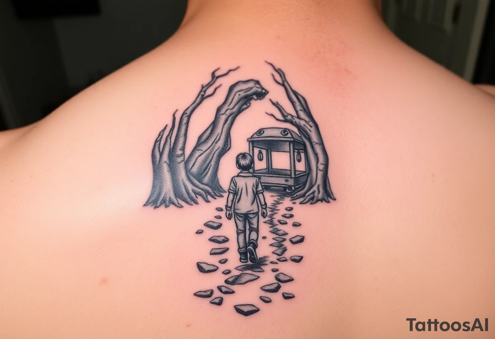 A boy walking up a forest path, DnD inspired, broken down carriage, tavern, glowing tunnel tattoo idea