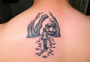 A boy walking up a forest path, DnD inspired, broken down carriage, tavern, glowing tunnel tattoo idea