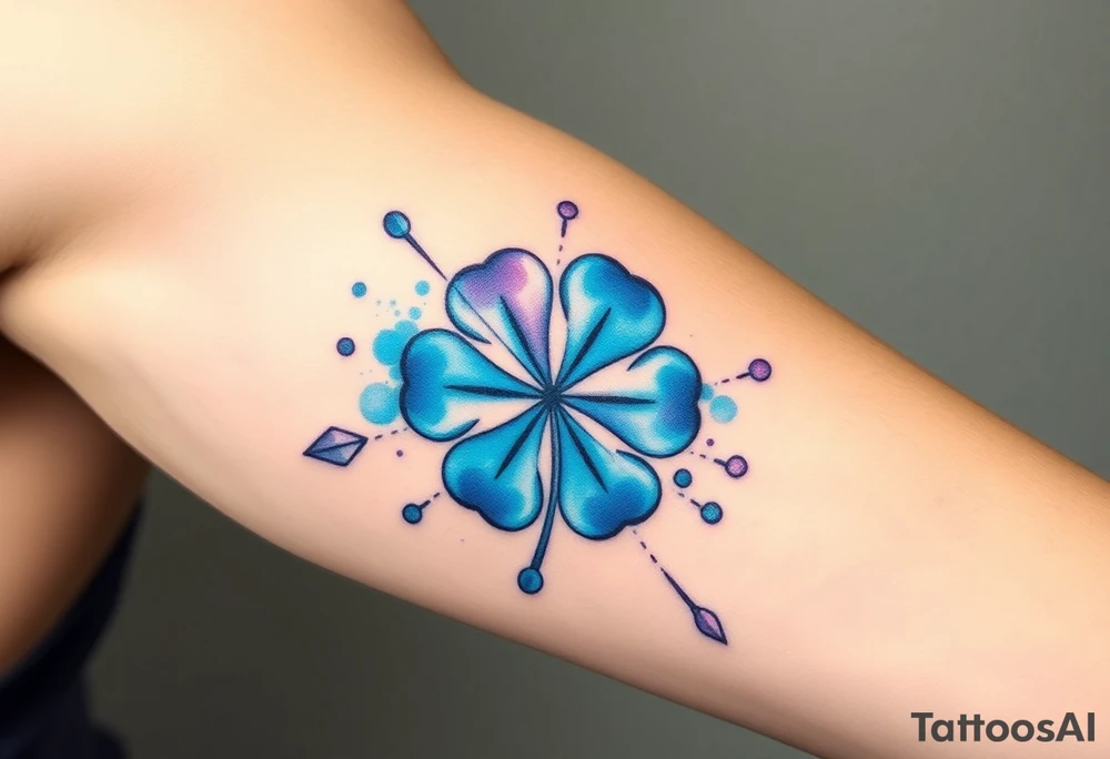 Luck symbol surrounded by positive things with blue and purple main colors tattoo idea