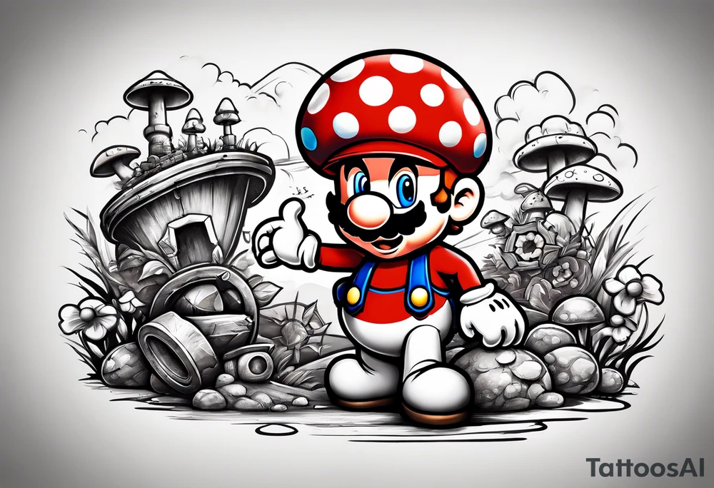 Mario brothers with toadstool and cannons and bombs tattoo idea