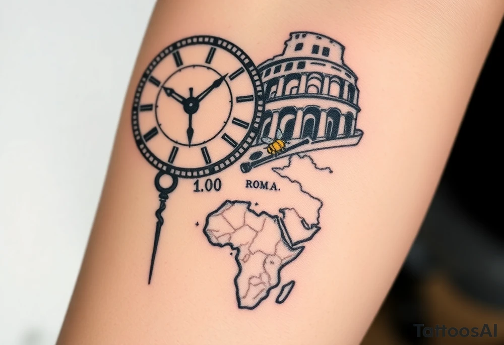 Imaginez un tatouage avec plusieurs éléments disting une horloge affichant 6h40 et peut voir des éléments architecturaux de Rome, comme le Colisée, un gladiateur avec une abeille sur le bouclier Enfin, dans le coin inférieur de l'image une carte de la centre Afrique et la grenade  de la cavalerie tattoo idea