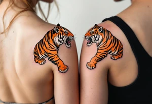 Matching couple orange and black tiger stripes wrapping around both partners upper arms tattoo idea