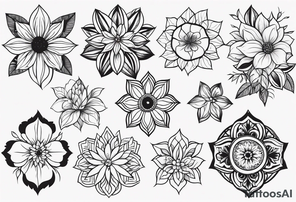 may, june, july september, october, december month flowers black and white half sleeve tattoo tattoo idea
