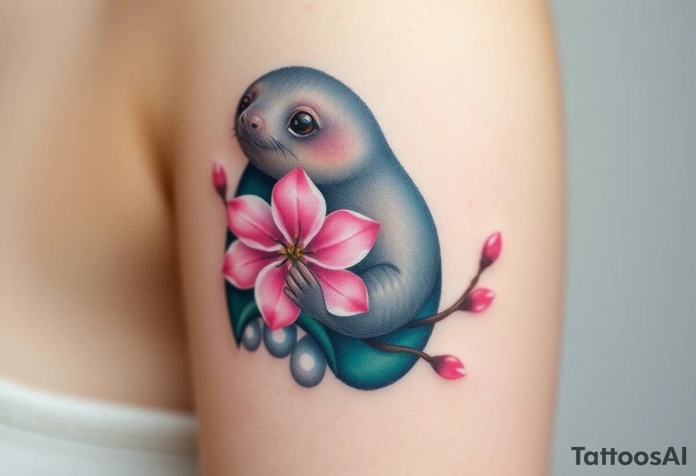 mole holding a delicate pink cherry blossom, with gentle pastel tones and a dreamy aesthetic tattoo idea