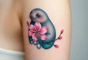 mole holding a delicate pink cherry blossom, with gentle pastel tones and a dreamy aesthetic tattoo idea