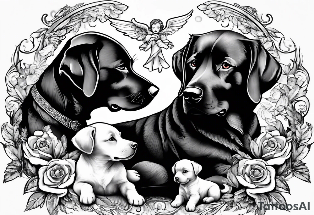 Black dog guarding human infants (the infants are angels) tattoo idea