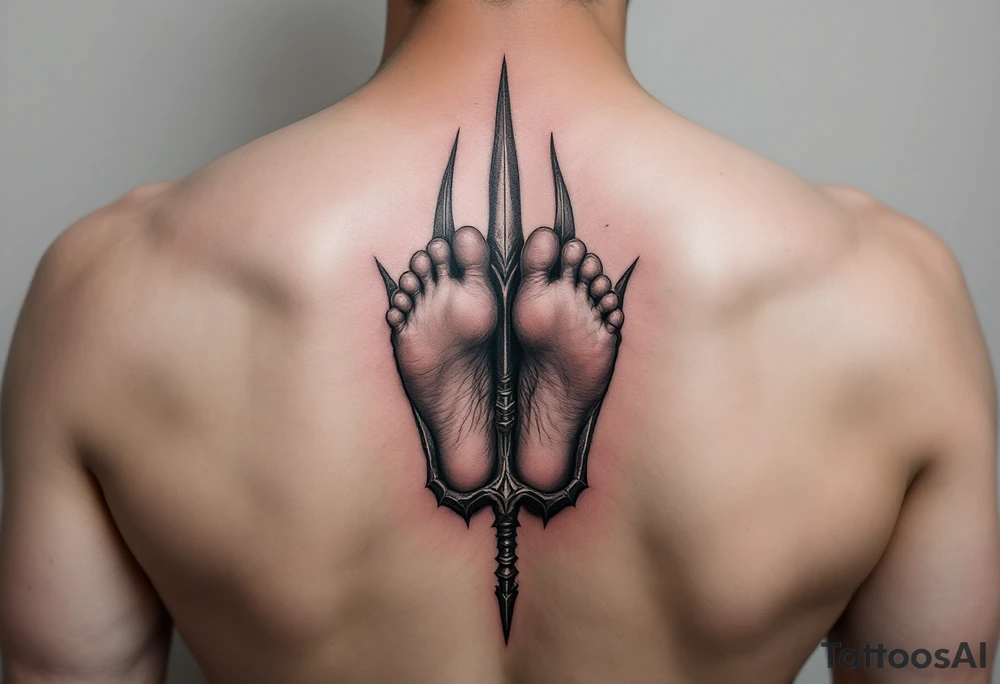 barefeet behind trident tattoo idea