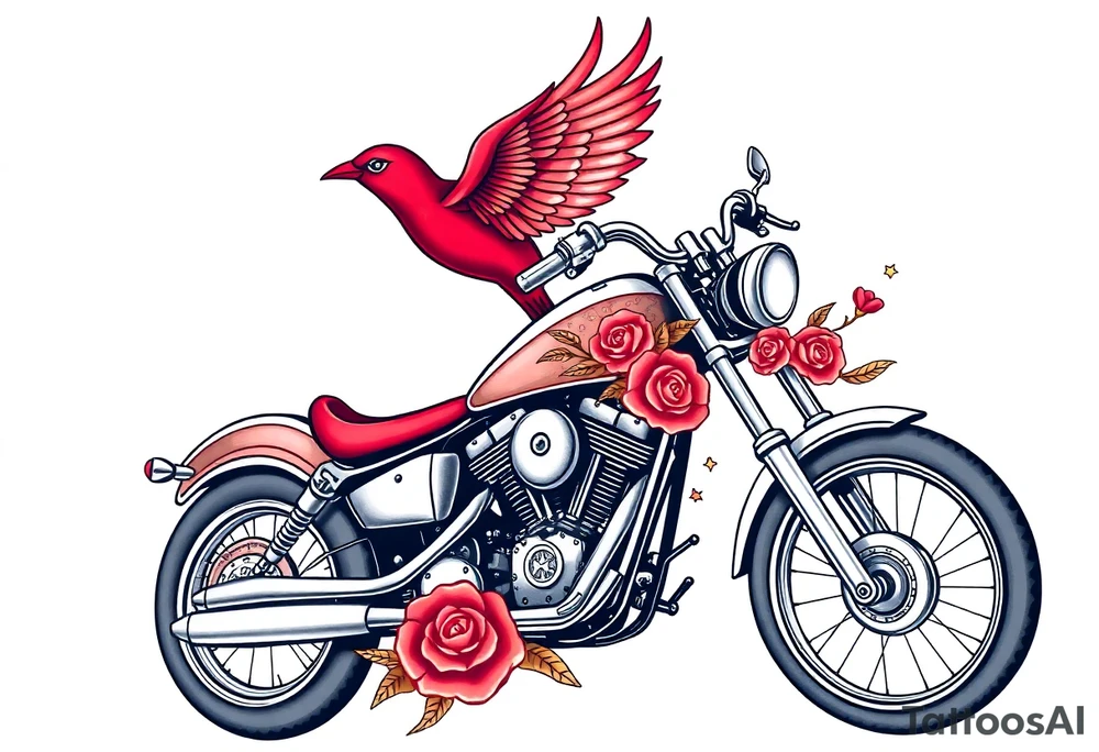 Motorcycle, red bird flying, roses and lace, flames tattoo idea