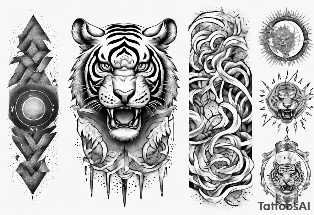 Ancient tiger with lightning and a sun for a forearm sleeve. With patterns surrounding it tattoo idea
